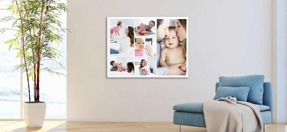 Collage de photos imprimé et accroché au mur de salon